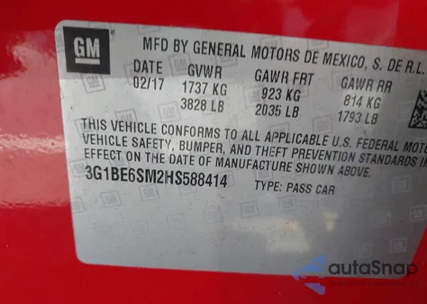 2017 Chevrolet Cruze Lt Auto z USA, uszkodzony, nr VIN 3G1BE6SM2HS588414